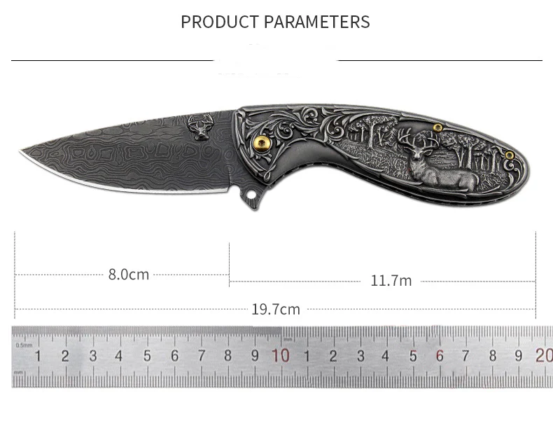 Deer-Embossed Handle Folding Knife Outdoor Camping Hunting Pocket EDC Tool - Image 6